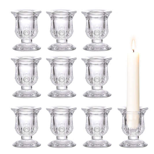 sunnyfuture 10pcs Clear Candlestick Holders, Glass Taper Candle Holders for Table Centerpiece Decor, Wedding, Birthday, Gift