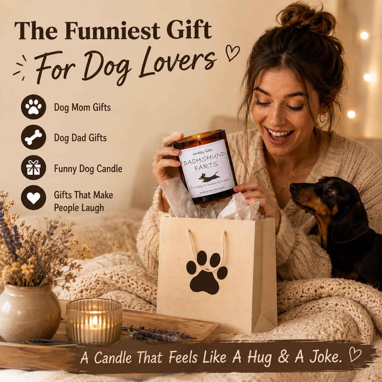 Dachshund Gifts & Decor, Weiner Dog Gifts for Women, Smells Like Dachshund Farts Candle - Lavender & Eucalyptus, Crafted by Natural Soy Wax & Natural Essential Oils