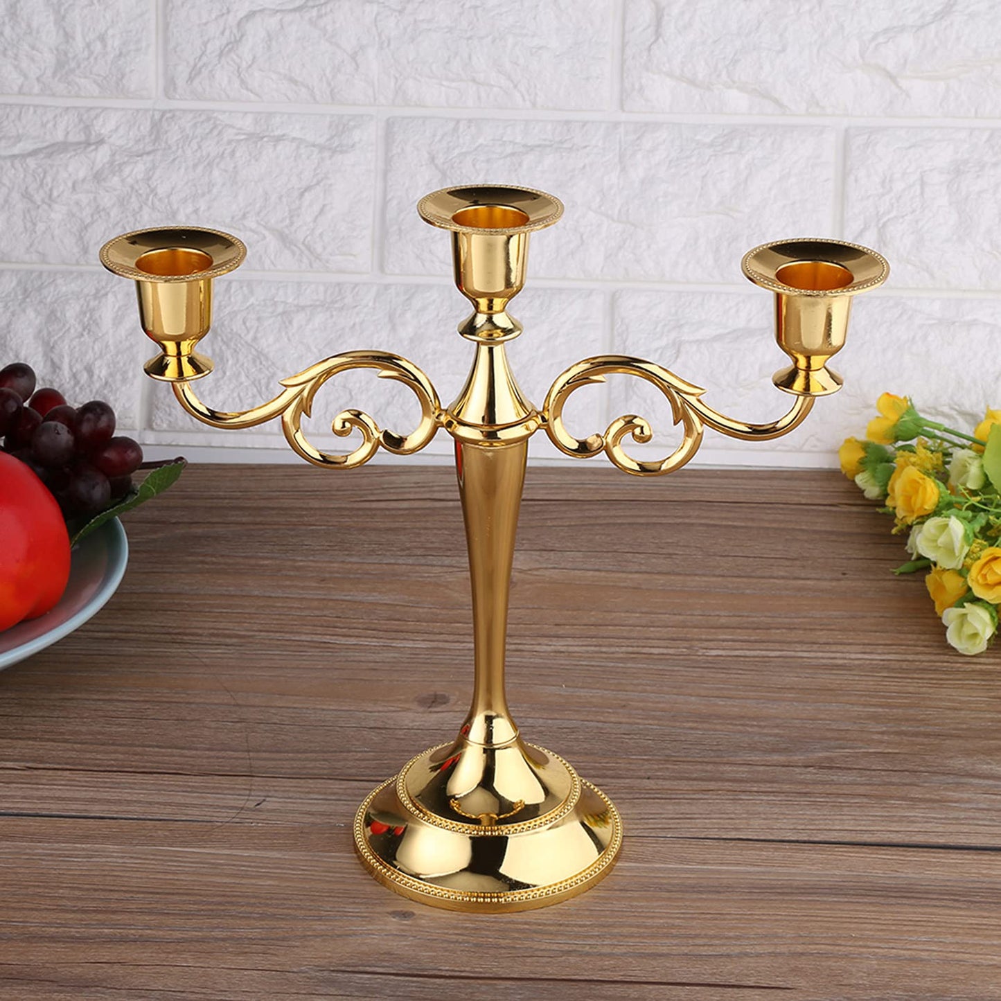 Dioche 3 Arm CandMetal Candelabra for Weddings & Home Decor | Sturdy Design, Silver Finish | Perfect Loved Ones (Gold)