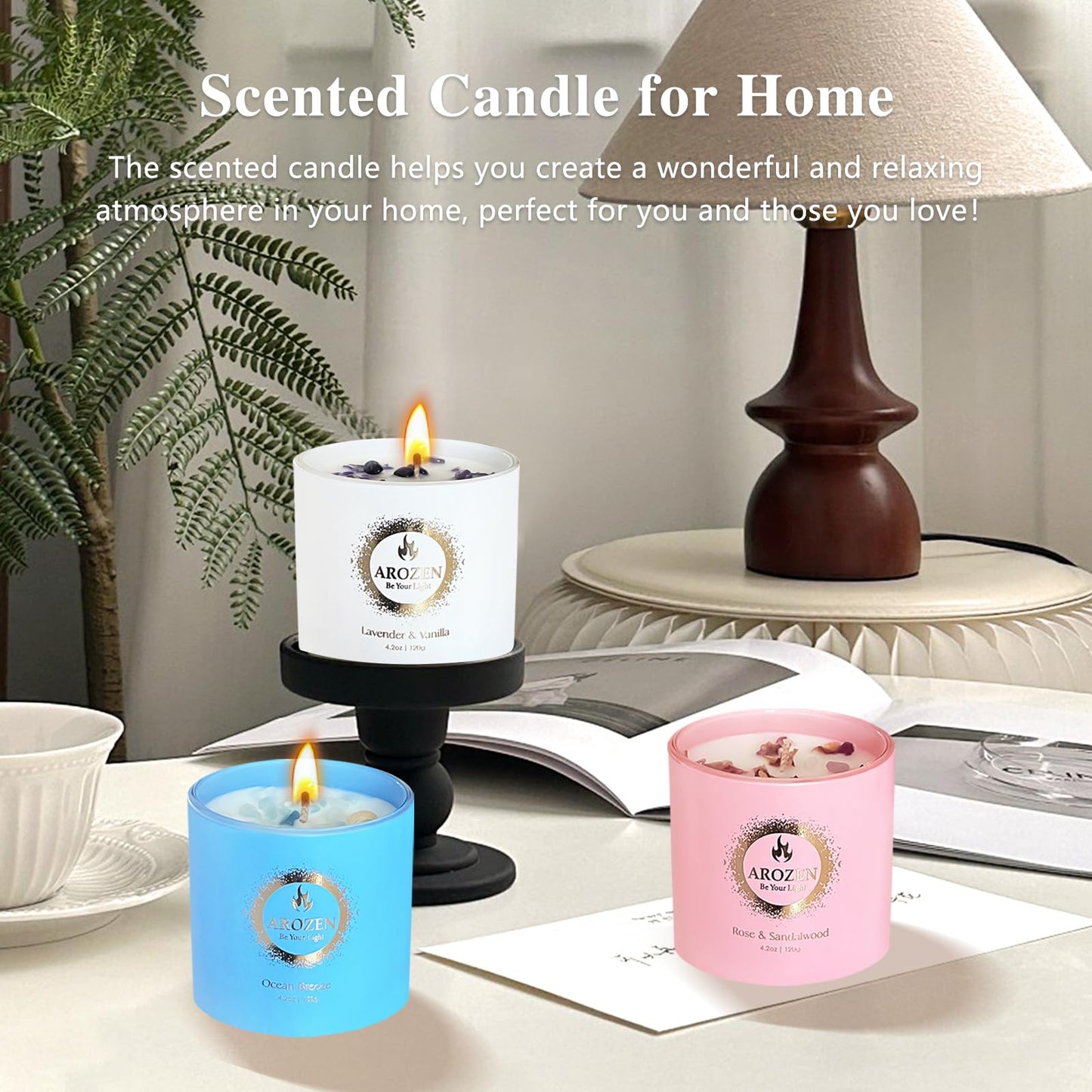 AROZEN 3 Pack Scented Candles Gift Set for Women – Lavender, Ocean, Rose Soy Candles with Crystals & Seashells, 70-Hour Total Burn Time, Aromatherapy Candle Set for Home Decor, Mother’s Day Birthday