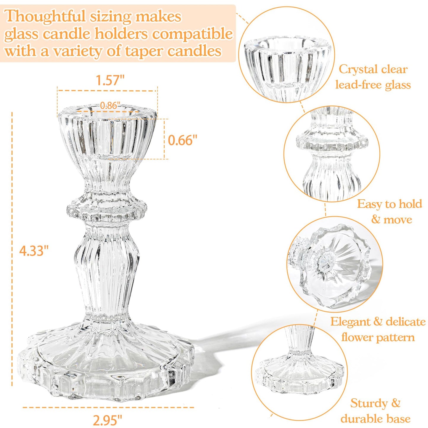 4.33" Tall Glass Candlestick Set of 6 Clear Crystal Candle Holders for Glass Taper Holder Decor for Wedding Birthday Party Christmas
