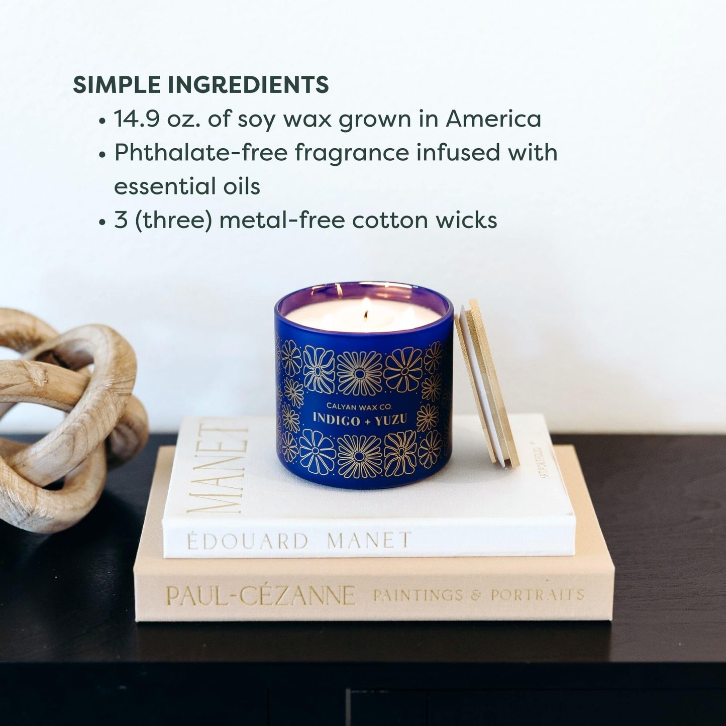 Calyan Wax Co. Indigo & Yuzu 3 Wick Scented Candle - 43 Hour Burn - Luxury 3 Wick Soy Candles - Clean Soy Wax Candles - Long Lasting Large Glass Jar Candle for Home - 14.9oz