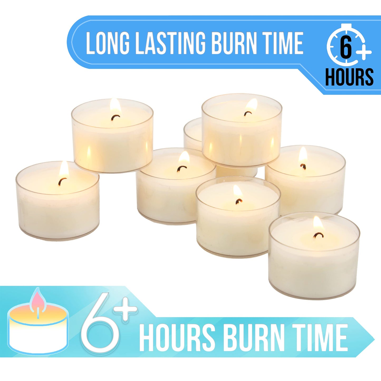 Stonebriar 48 Count White Unscented Smokeless Long Burning Clear Cup Tea Light Candles with 6 to 7 Hour Burn Time