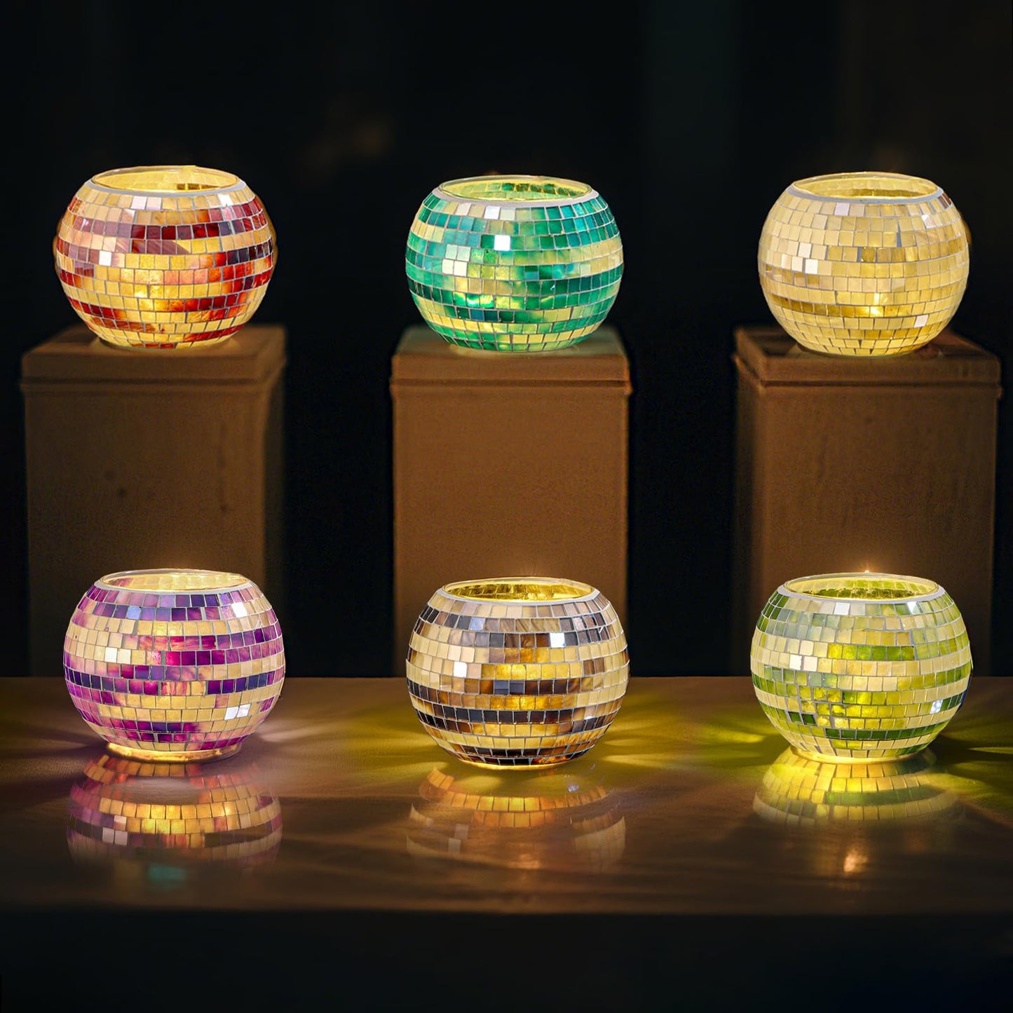 SOUJOY 6 Pack Votive Candle Holder, Handmade Mosaic Glass Tealight Holders, Diwali Decorative Scented Candle Bowl for Valentine, Party, Christmas Table Centerpiece Decor
