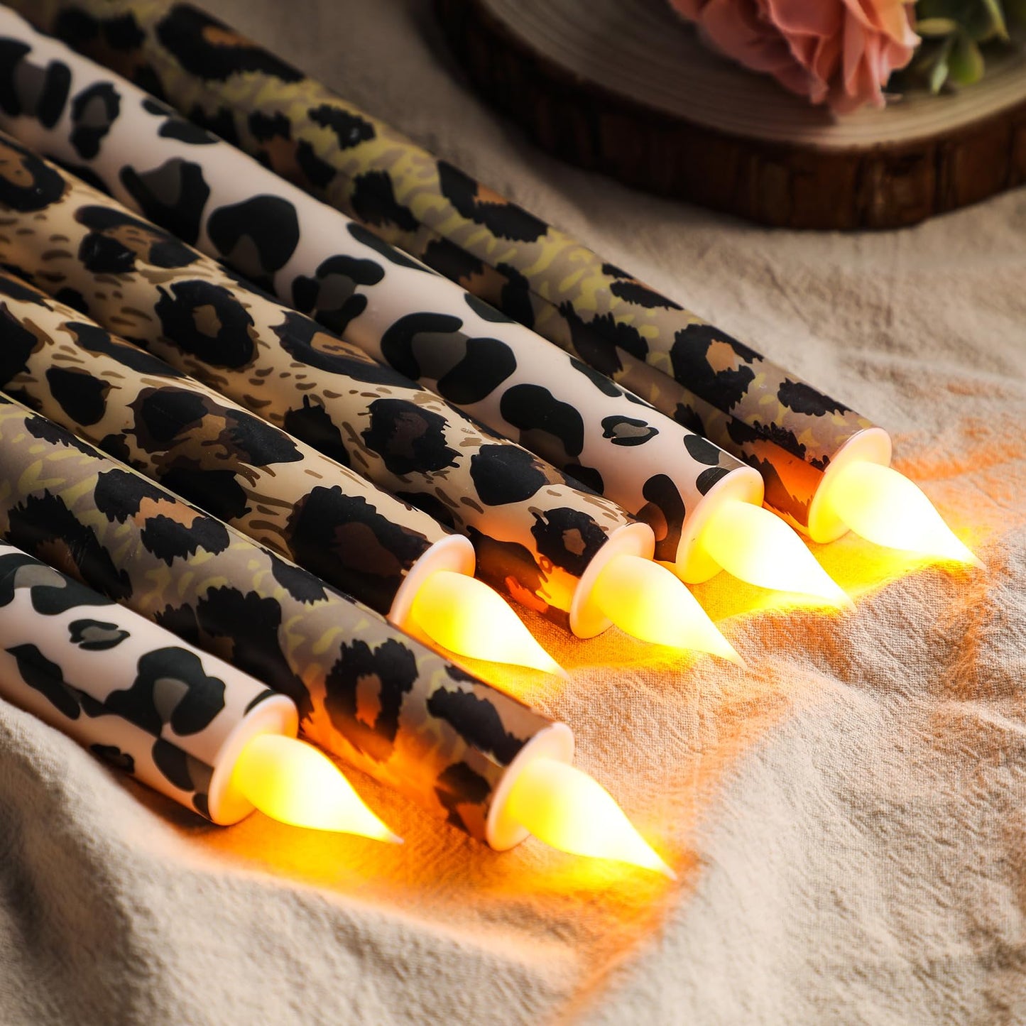 Honoson 6 Pcs Leopard Flameless Taper Candles 10.6 Inch Wild Safari Cheetah Print Candles Battery Operated LED Candlesticks for Animal Theme Jungle Birthday Party Summer Table Home Bathroom Decor