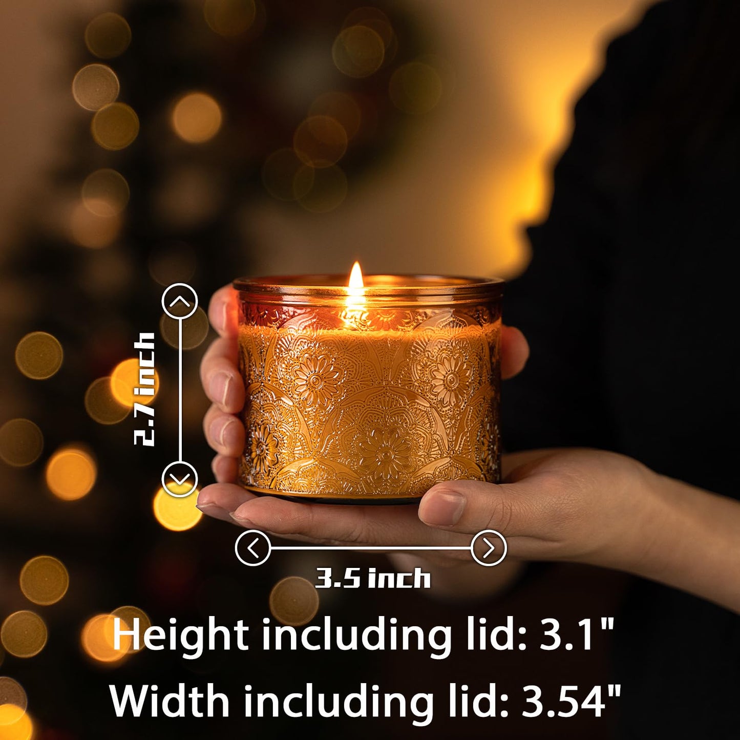 10 oz Embossed Glass Candle Container with Bamboo Lids and Labels,Amber Candle Jars for Making Candles,Mandala Design - Pack of 9