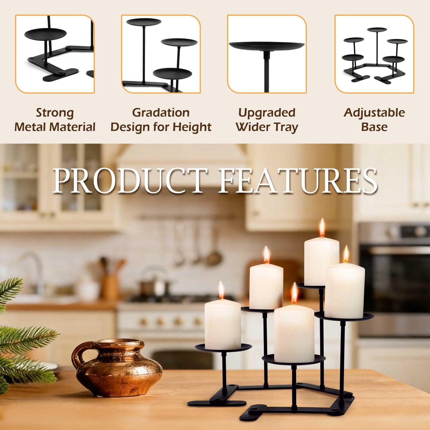 Adjustable Candelabra Candle Holder: 5 Candle Iron Candelabra Fireplace Candle Holder for Pillar Candles, Black