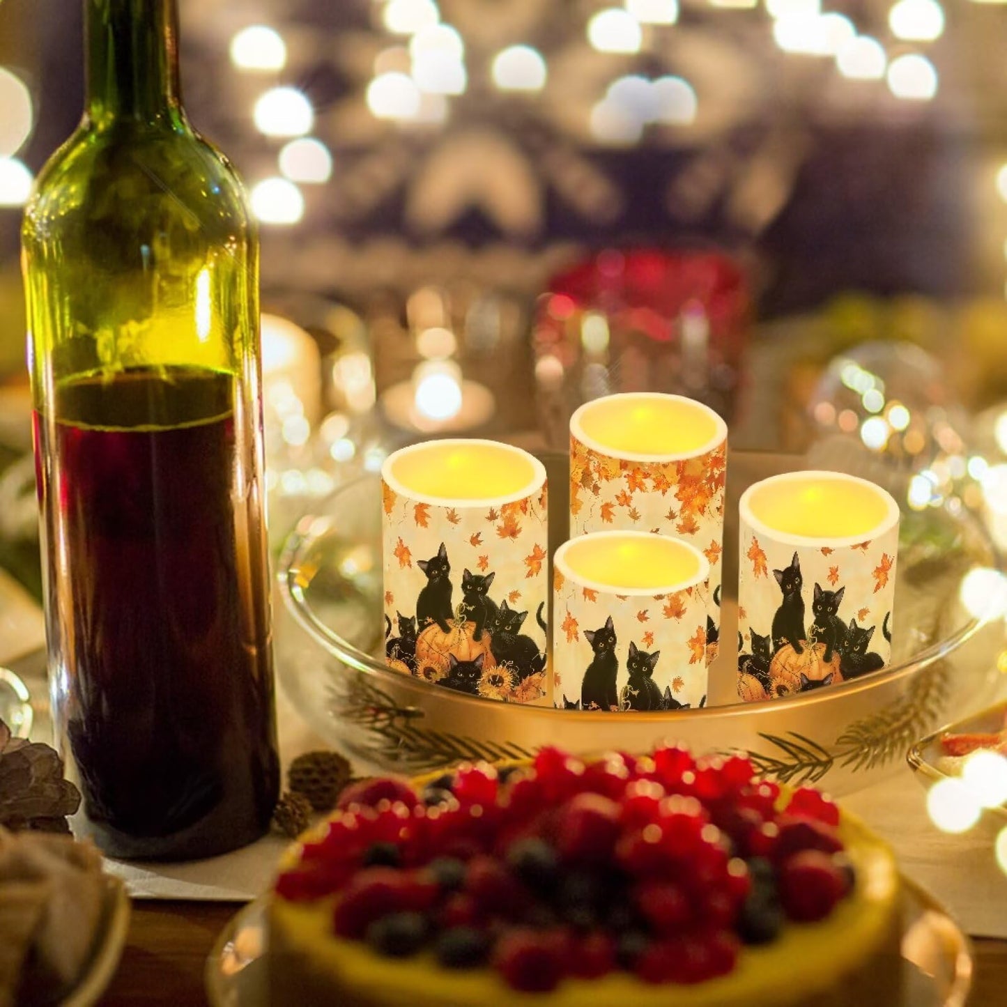 NETILGEN 4 Pcs Flickering Flameless LED Candles with Remote Timer Control Long Lasting Pillar Candles for Thanksgiving Day Decor Maple Leaf Black Cat Print