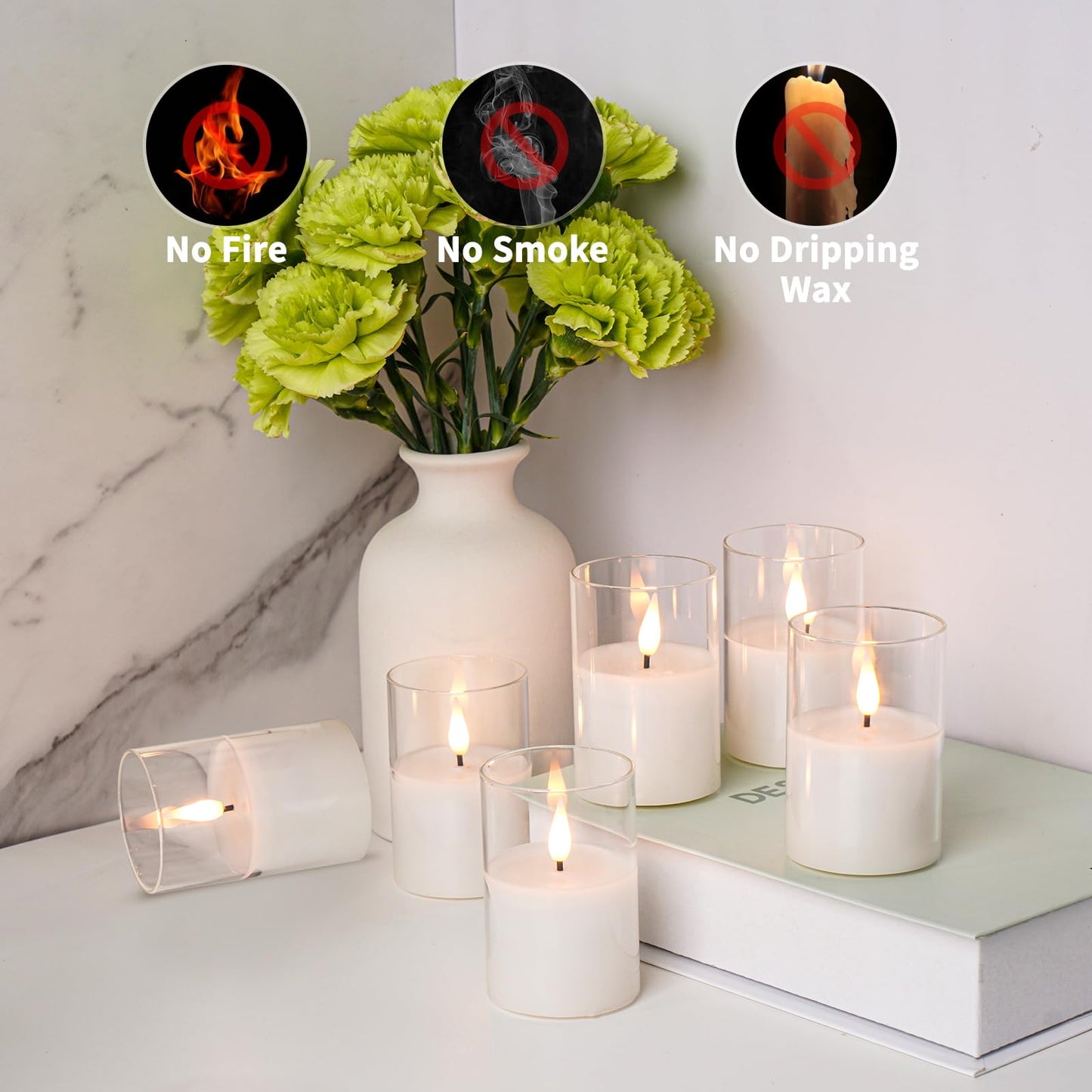 VIODAIM 6Pack Glass Flickering Flameless Candles with Remote, 2"X3" Real Wax Votive Candles Battery Operated, Small Electric LED Candles for Wedding Home Decor, w/4 Timers+2 Lighting Modes [Clear]