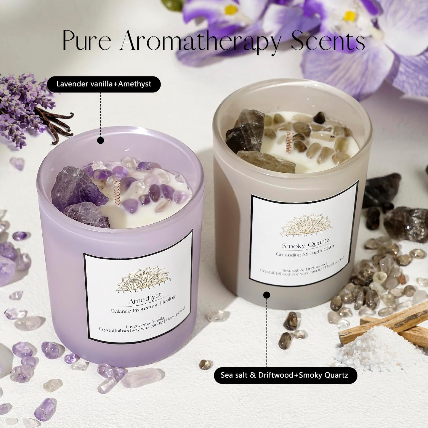 AvaConcept Healing Crystal Candle Gift Set – Amethyst & Smoky Quartz | Hand-Poured Soy Wax Candles Lavender Vanilla & Sea Salt Driftwood Aromatherapy Natural Crystals Infused Set of 2/5.3oz Each