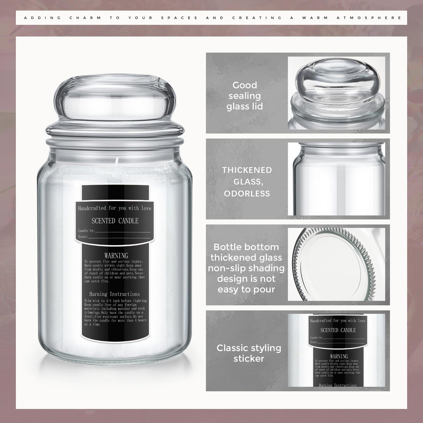 Ziliny 6 Pack 25 oz Glass Candle Jars with Airtight Lids Large Thick Clear Candle Containers with 10 Warning Labels Wooden Wick Holders