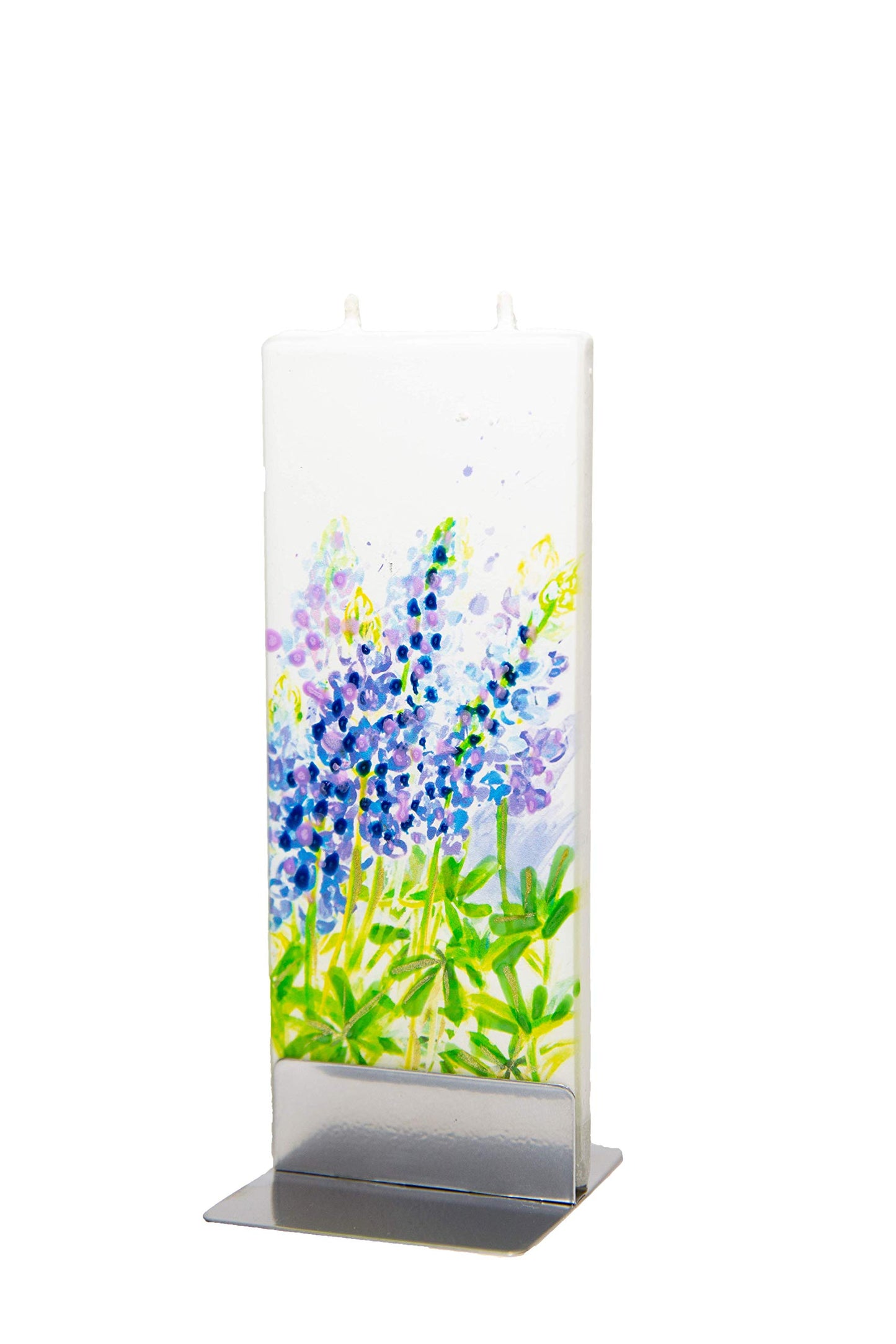 Flatyz Hand Painted Flat Candle | Unscented, Dripless, Smokeless, Decorative | Texas Bluebonnet Flowers | Double Wick with Metal Base | Unique Gift Idea and Home Décor Accent