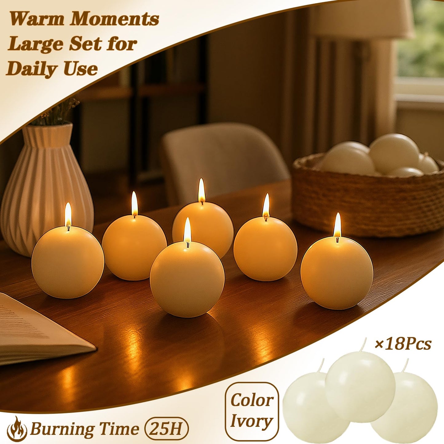 Trxvxo 18 PCS Ivory Round Candles,3 in Ball Candles Bulk Set,Dripless Unscented Smokeless，Whether You're Hosting a Wedding or Other Party, or Decorating Your Home,It's a Great Choice.