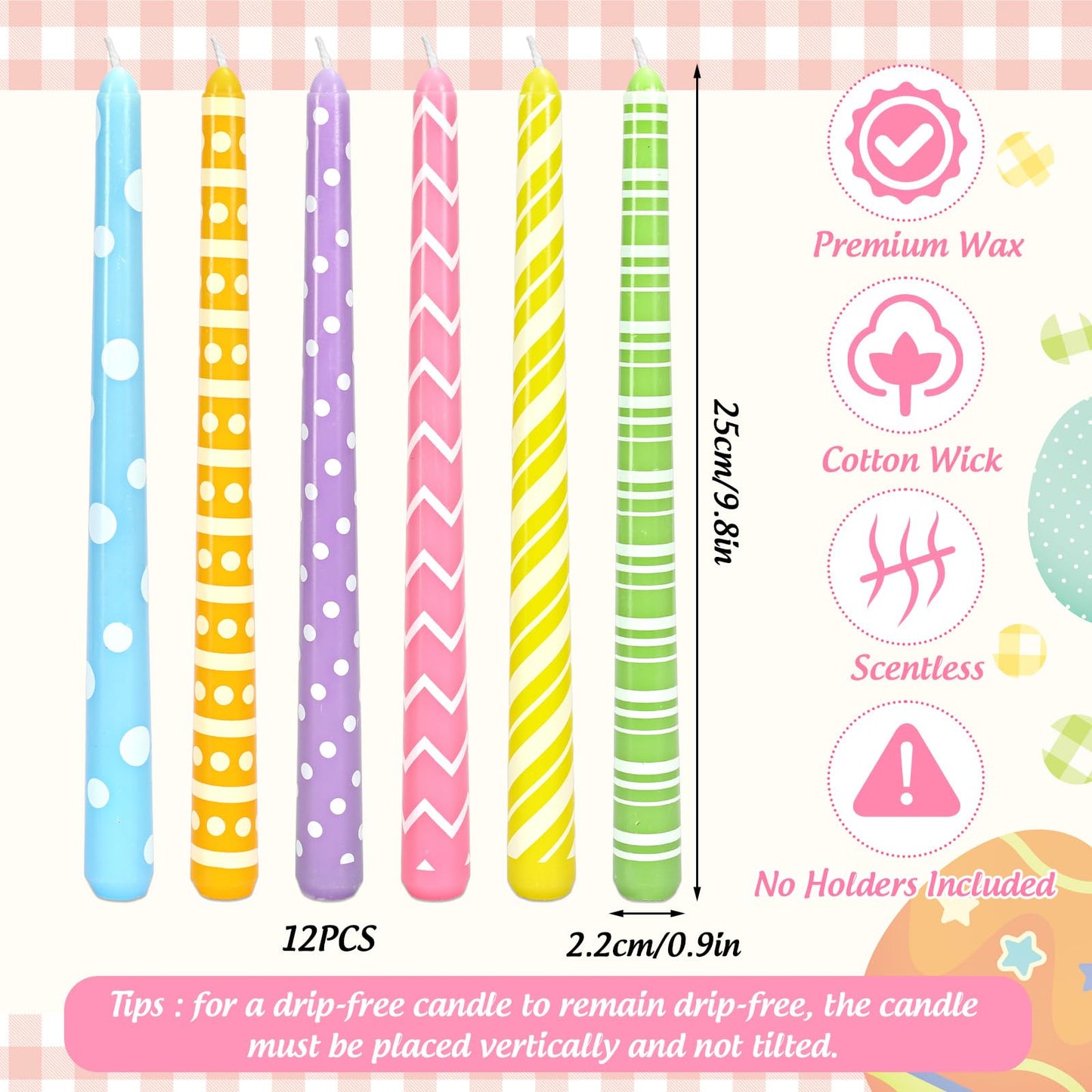 JarThenaAMCS 12Pcs Easter Dripless Taper Candles 10 Inch Long Unscented Candle Sticks Pastel Polka Dot Stripe Wavy Candle for Spring Wedding Anniversary Birthday Party Table Decoration