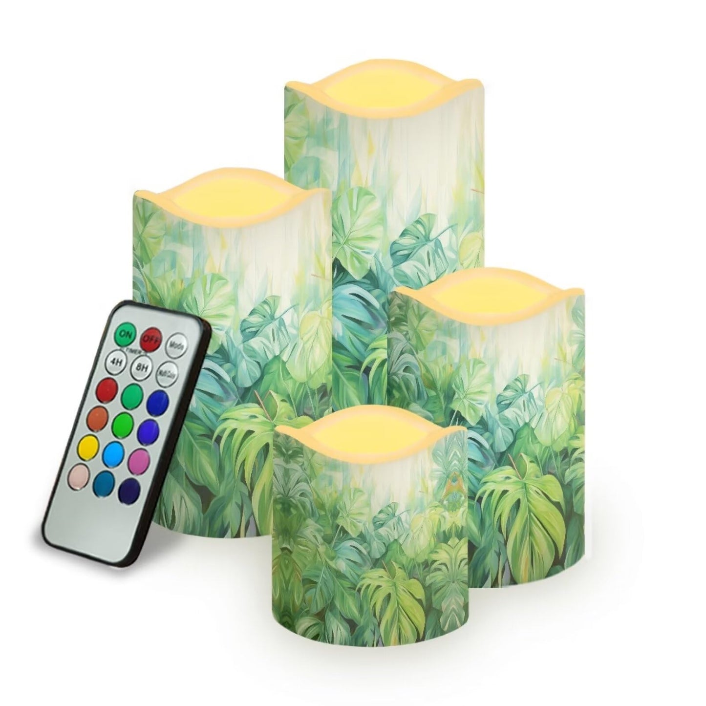 Ystardream Tropical Leaf Flameless Candles with Remote Battery Operated Candles Realistic LED Candles with Remote and Timer Set of 4 for Home Wedding Birthday Decorations