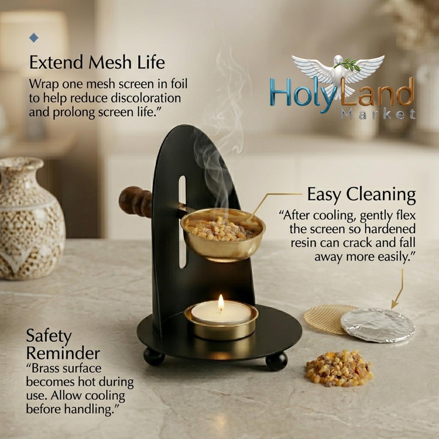 Brass Incense Burner Kit - Candle,Incense and 2 Mesh Screens, Adjustable Charcoal and Tea Light Bakhoor Burner for Resin, Myrrh, Copal at Home, Church, Meditation Space (Brass - Black - Model)