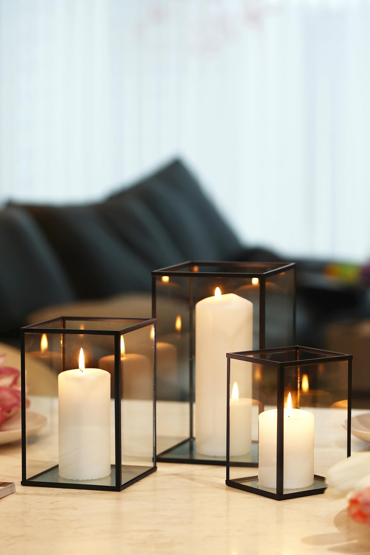 PHOSPHOR Hurricane Glass Candle Holder Set of 6 Pieces Black Hurricane Candleholders for Wedding Party Holiday Birthday Home Decor Lanter