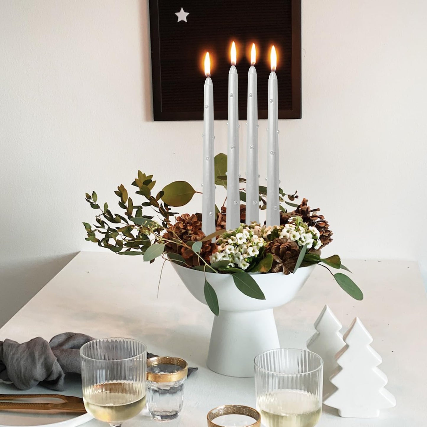 Metallic Pearled 3D Taper Candles - 10 Inch Handmade Drip Candles, Set of 2 for Wedding Home Holiday Decor & Gifts