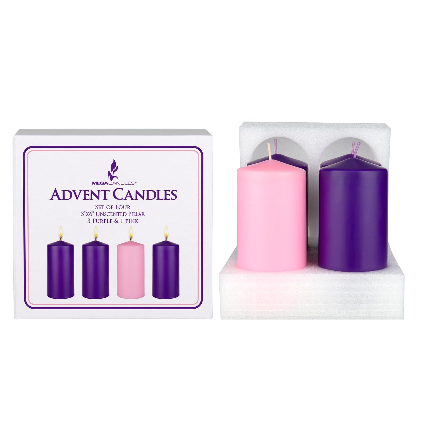 Mega Candles 4 pcs Unscented Christmas Advent Candles Set, Hand Poured Premium Wax Dome Top Round Pillar Candle 3 Inch x 6 Inch, Holidays, Festivities, Devotional, Church, Wreath, Party, Gifts