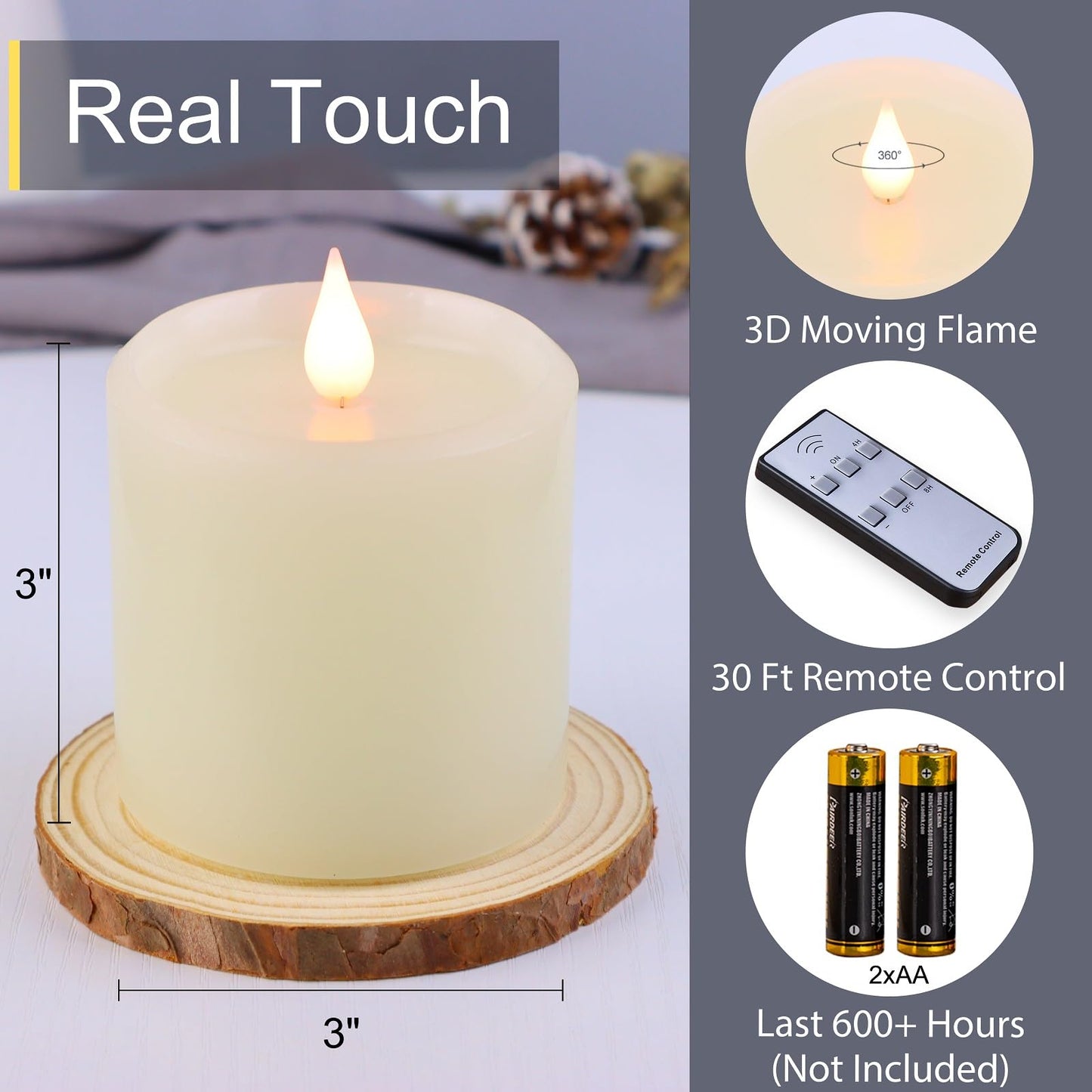 Kuandawei Flameless Candles with Timer, Flickering LED Candles Battery Operated with Remote, 3D Moving Flame, Real Wax 3" x 3" Electric Fake Candle for Home Party Decorations, 3 Pack