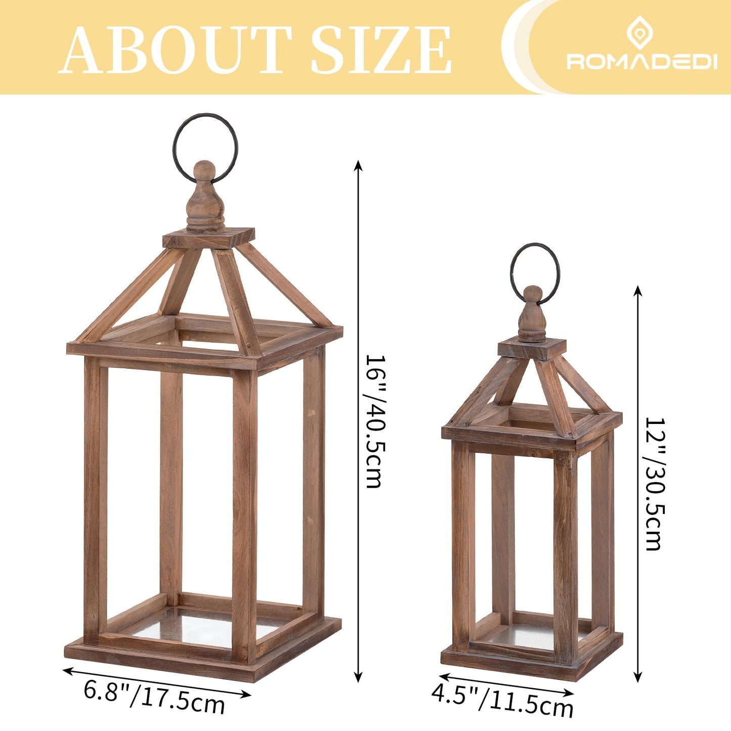 Romadedi Farmhouse Wood Candle Lantern - 12" / 16" Set of 2 Rustic Wooden Lanterns Decorative Candle Holder Home Decor Wedding Table Centerpiece Indoor Outdoor Fireplace Decorations, Brown