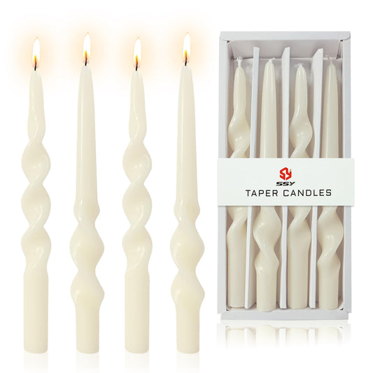 10 Inches Spiral Taper Candles Sticks Ivory Twisted Candle Dripless Unscented Long Candles, Handmade Candlesticks for Wedding Dinner Decor, Set of 4
