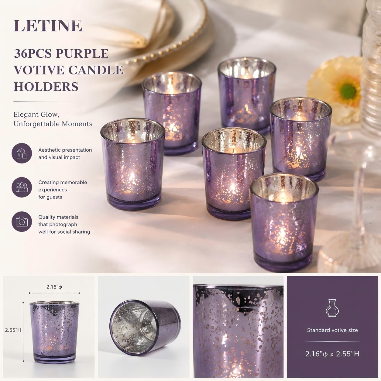 Letine 36pcs Purple Glass Candle Holder Bulk - Ideal Spring Summer Decor for Wedding Centerpiece Table，Valentine's Day