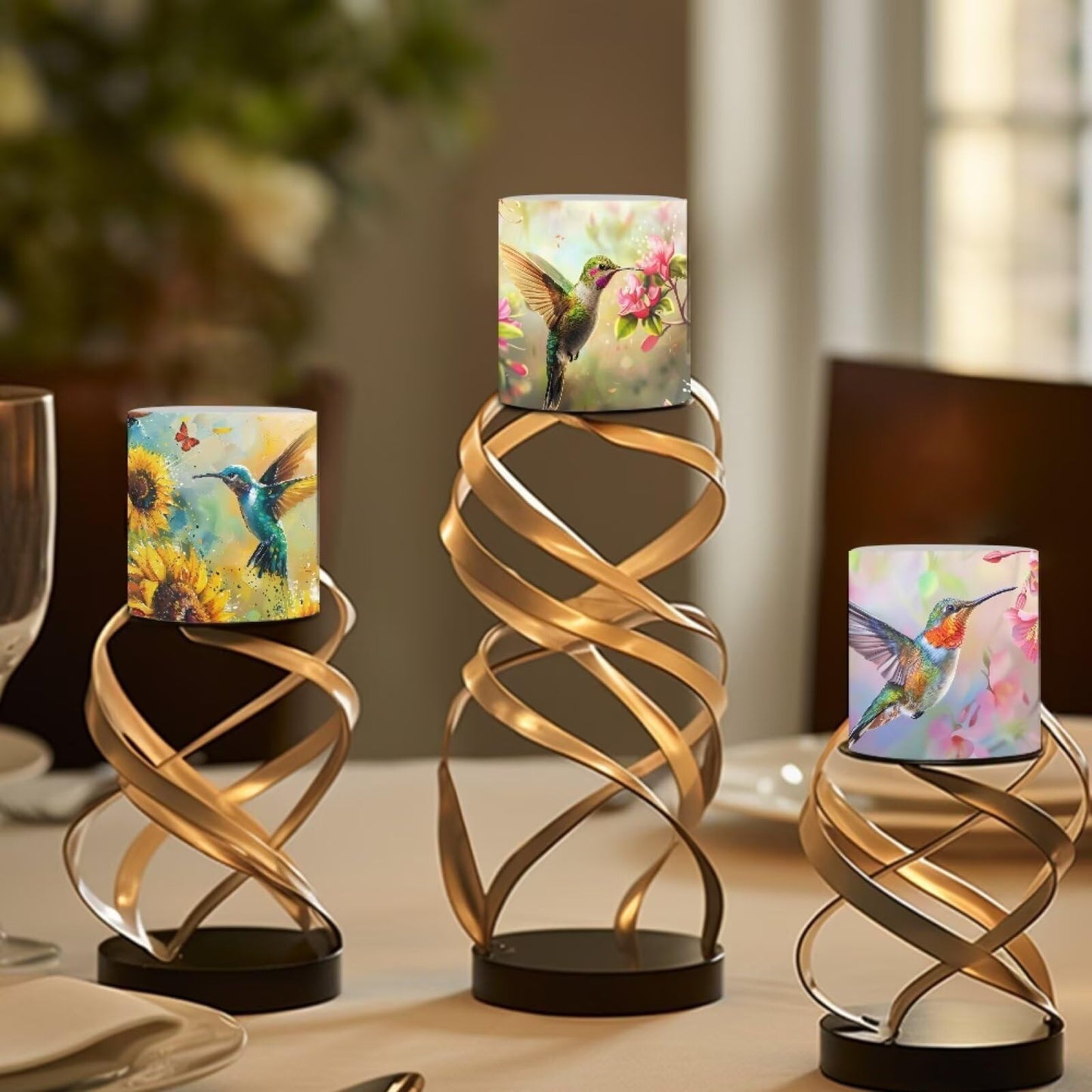 NETILGEN Floral Hummingbird Print Flickering Flameless Candles with Remote Timer Control Pack of 4 Battery Operated LED Pillar Candles 3 inch Flameless LED Candles