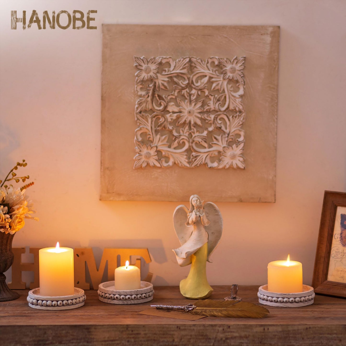 Hanobe Candle Holder for Pillar Candles: Set of 3 Rustic Farmhouse Wooden Candlestick Holders - Whitewashed Candle Stand for Table Centerpieces Fireplace Mantel Home Decor
