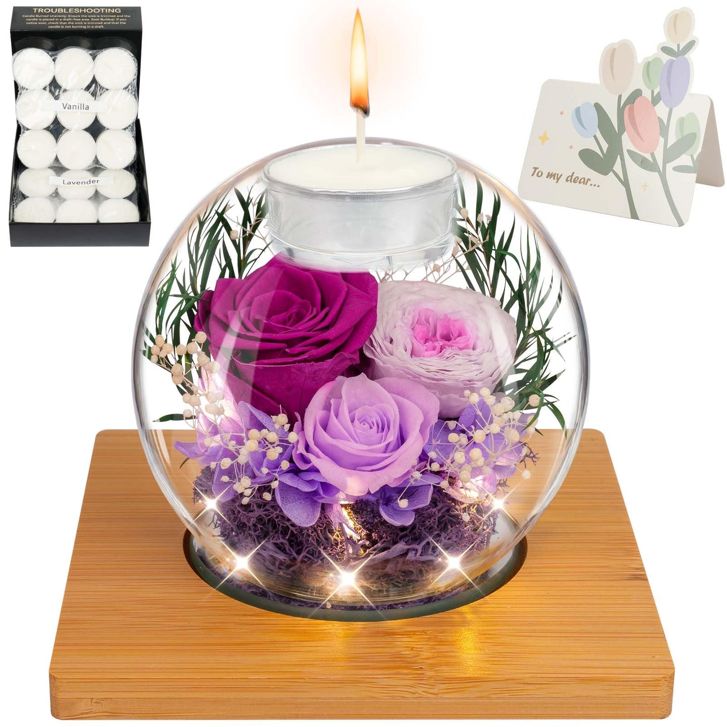 ENERLEAF Preserved Purple Real Rose in Glass with Scented Candles – Forever Flower Romantic Anniversary Christmas Birthday Valentines for Mom, Women, Wife, Girlfriend, Her, Grandma