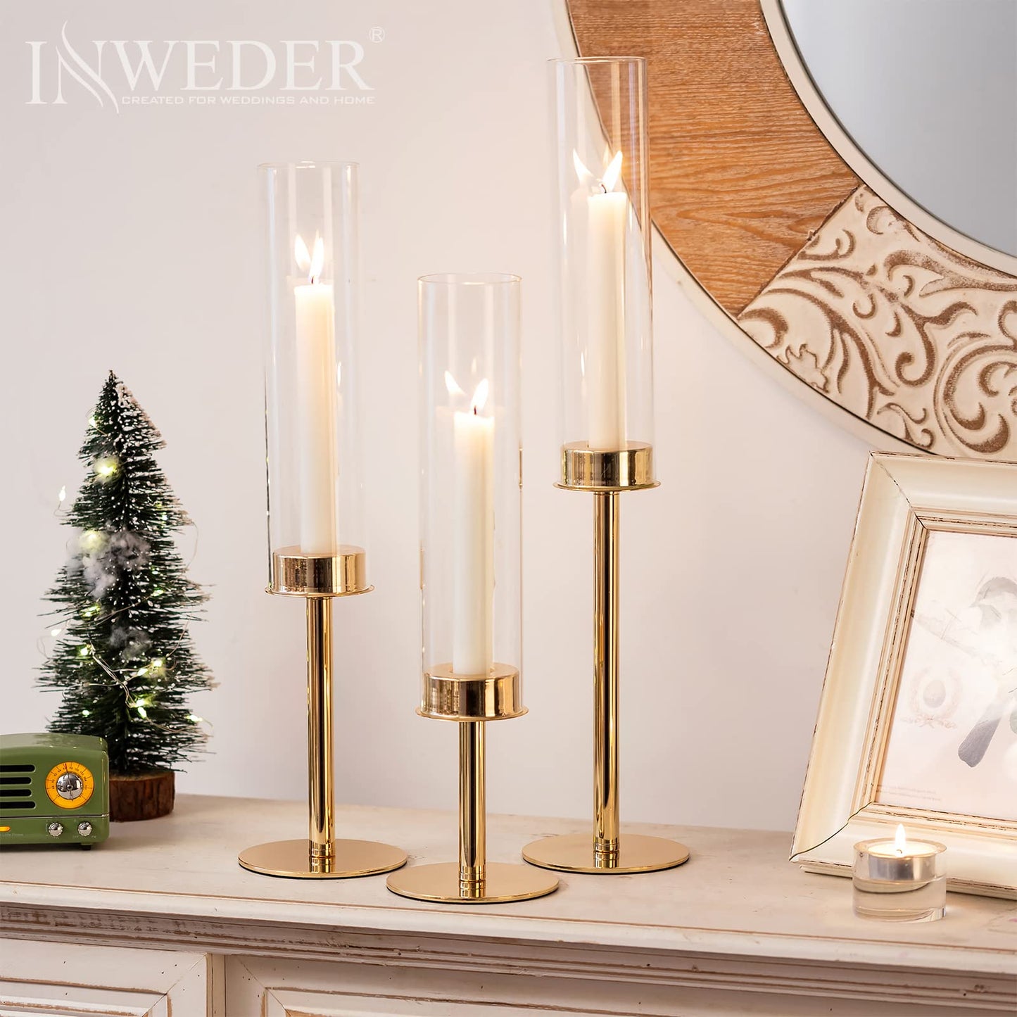 Inweder Hurricane Taper Candle Holders: Gold Glass Candlestick Holder Tall Candle Sticks Holder Decor with Glass Cover for Wedding Table Centerpiece Party Birthday Christmas Home Mantel Set of 3