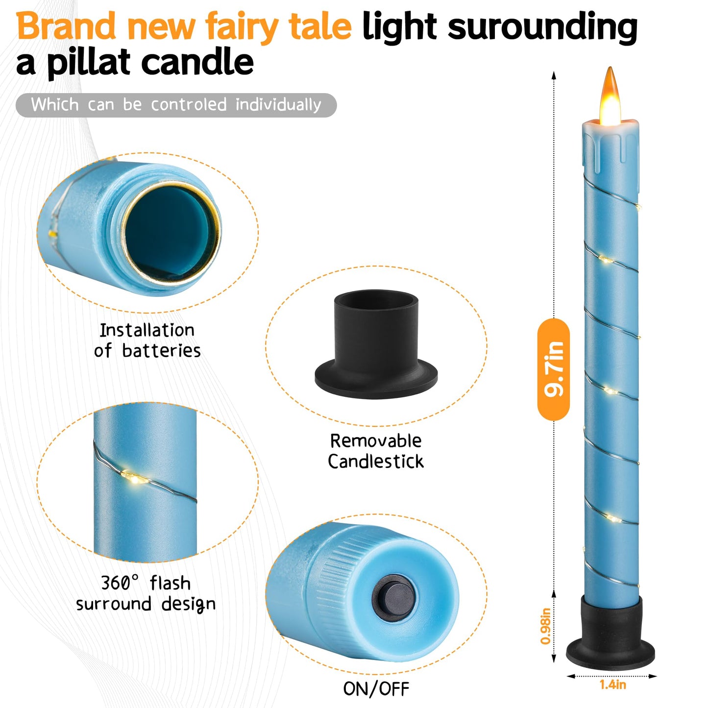 3 Pack Blue Dripping Wax Flameless Candles, Realistic Dynamic Flame LED Taper Candles with Surrounding Fairy String Lights, Remote Control Battery Operated Candles for Home Wedding Holiday Decor