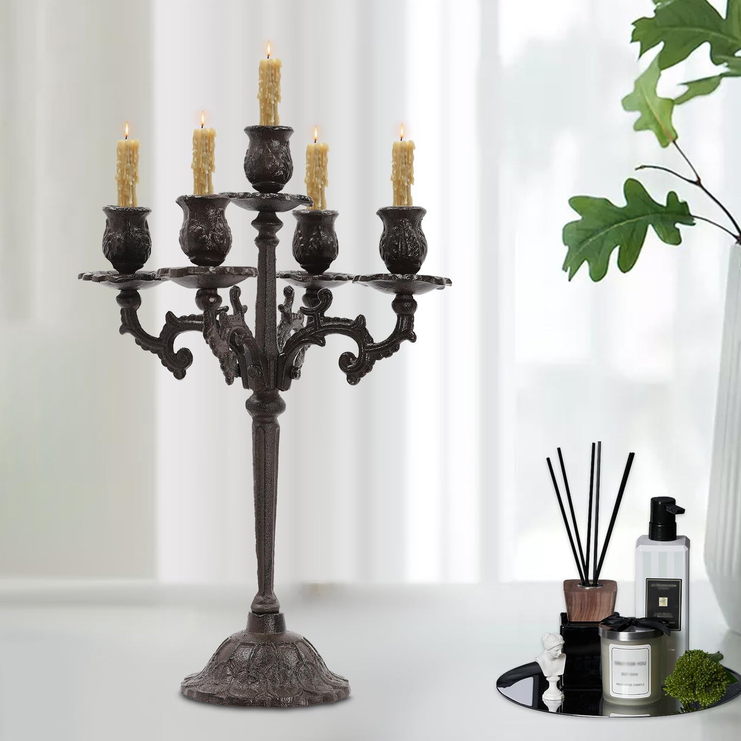 5-Arm Candle Holder, Vintage Candle Holder Set with Scroll Arms, Aged Iron Candelabra with 5-Inch Base, Romantic Table Centerpiece for Wedding, Birthdays, Anniversaries, Christmas, Valentine's Day