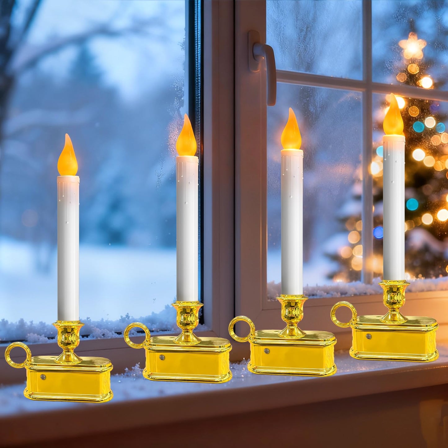 Romasaty 4 Pack Christmas Window Candle Lamps with Sensor Dusk to Dawn,10 Inch Battery Operated LED Window Candles with Flickering Amber Flame for Weddings Table Christmas Decor, Gold Plated Base