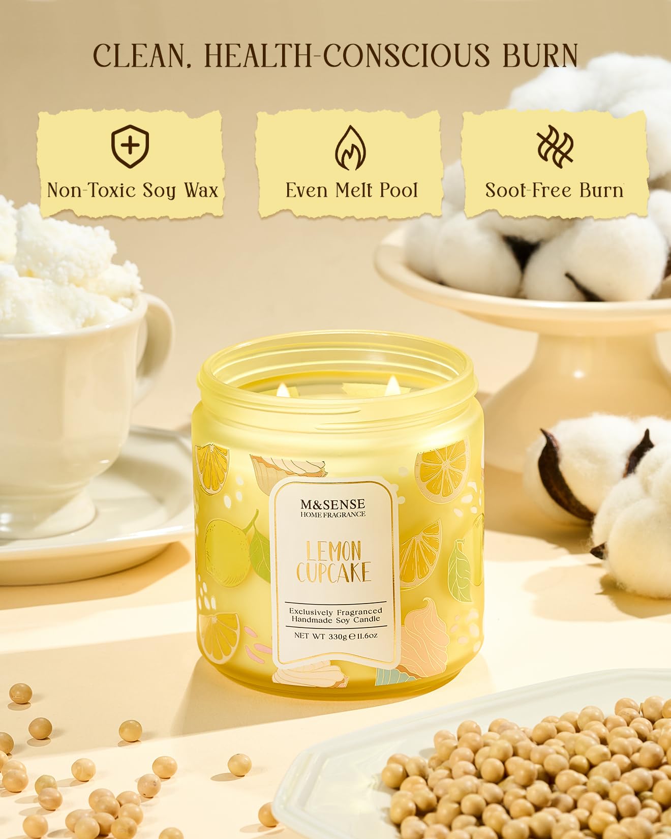 M&SENSE Lemon Vanilla Cupcake Scented Candle, 11.6oz Natural Soy Wax, 70 Hours Long Lasting Clean Burn, Citrus Vanilla Scents for Kitchen Freshness, Candle Gifts for Women Men, Warm Home Decor
