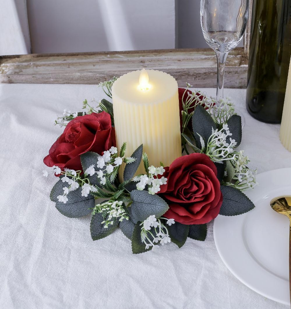2 Pack Christmas Candle Rings Wreaths,Artificial Rose Floral Wreaths with Eucalyptus Leaves Greenery Small Wreath for Pillar Cabinet Wedding Centerpiece Party Home Table Decor (Red)