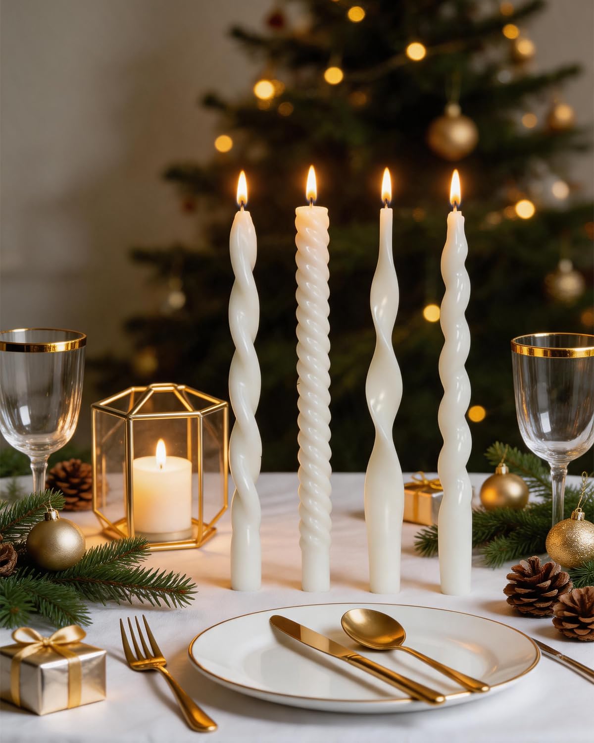 10 Inch White Taper Candles-Spiral Tapered Candle Smokeless Candlestick Long Slow Burning 8 Hours Tall Sticks for Christmas Wedding Dinner Parties-4Pack