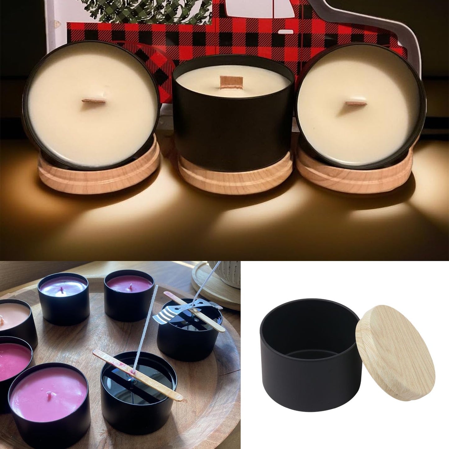 Biugaaufai 24 Pack 8 OZ Black Metal Candle Tins, Round Candle Tins with Wood Grain Lids for DIY Candle Making and Storage