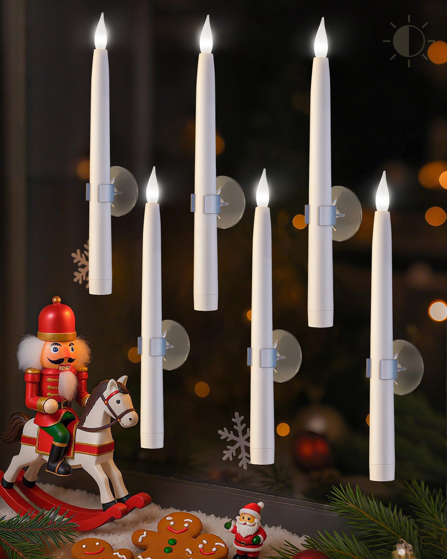 SURAIELEC 10.5'' Battery Window Candles with Suction Cups, Dusk-to-Dawn Christmas Window Candles, 5000K Cool White, Flameless LED Candle for Windows, 6 Pack (Rechargeable Battery Not Compatible)