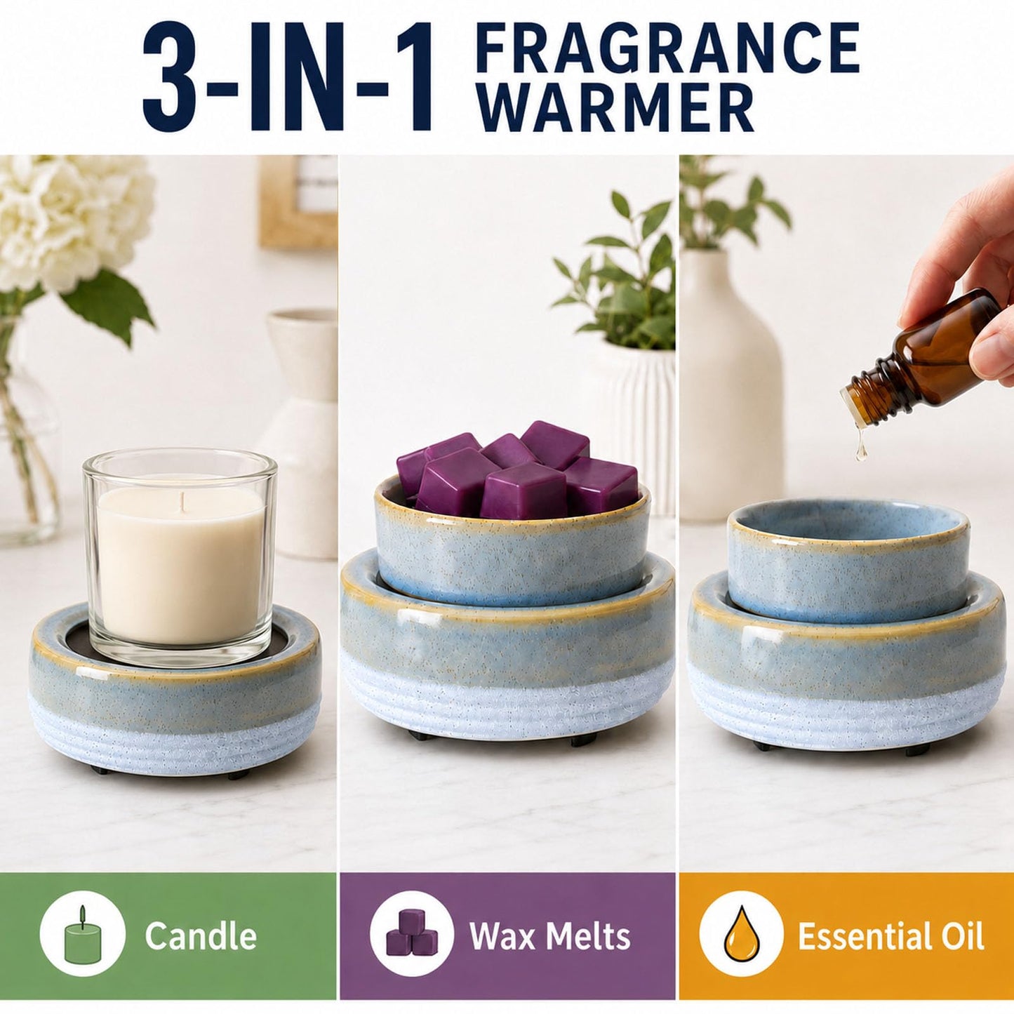 Wax Melt Warmer, Ceramic Candle Melter Melting Wax 3-in-1 Oil Burner Electric Fits Yankee Large Jar, Scented Candle Holder for Home Decor Gifts for Mom Grandma Women Girls