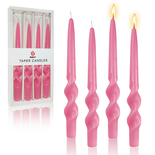 FCMSHAMD Handmade Spiral Taper Candles - Unscented Long Candles Colored Wax Twisted Candle - 10 Inch Candle Sticks for Wedding Dinner Party Decoration - Set of 4(Berry Hot Pink)