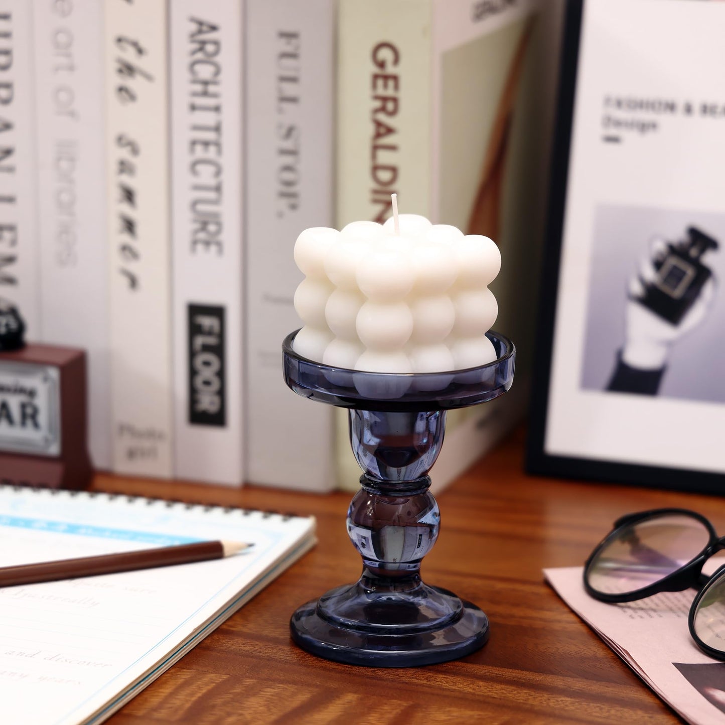 ViViTOP Glass Candle Holder Set of 4, Blue Candlestick Holders for Pillar Candles, 4.5" H, Candle Stand Decorations for Living Room