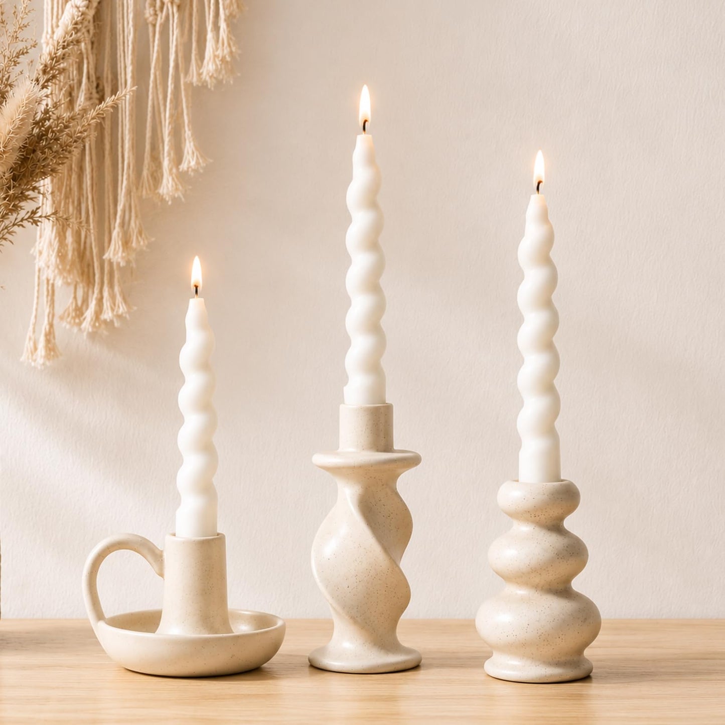 CabyGift Ceramic Taper Candle Holders Set of 3, Cream White Candlestick Holder Nordic Modern Decorative Candle Stand for Home Decor, Dining Table Centerpiece, Housewarming Gift