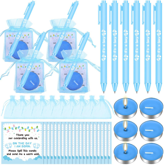 Ctosree 100 Sets Baby Shower Favors for Guests 100 Pcs Baby Shower Candles 100 Thank Tags 100 Drawstring Gift Bags 100 Retractable Ballpoint Pen with Black Ink for Gender Reveal(Blue)