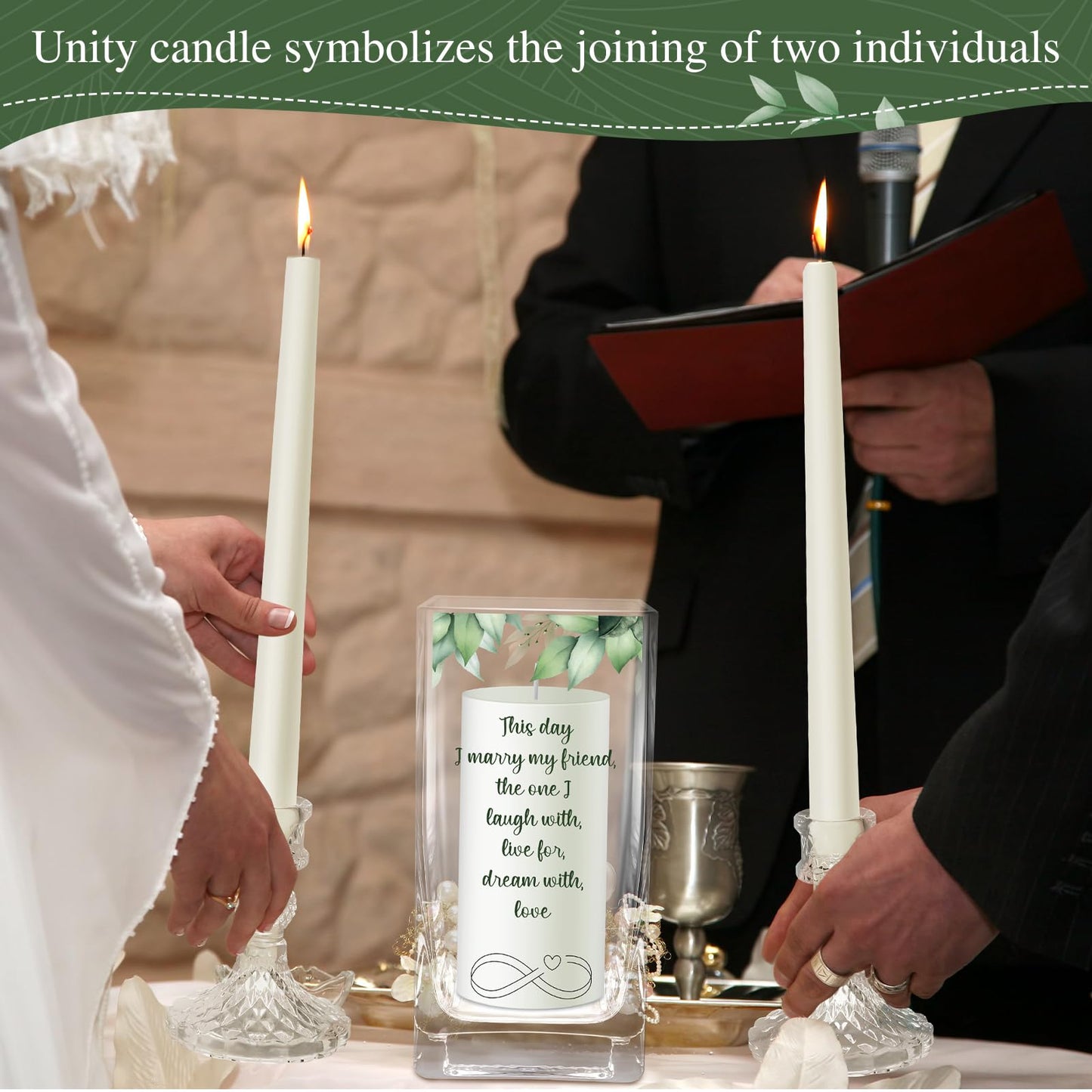 FoldTier Unity Candles with Holder for Wedding Ceremony Set 1 6" Pillar 2 9.8'' Taper Candles 3 Candlestick for Religious Formal Events Church(Green Leaf)