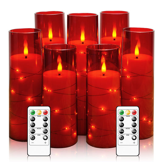 Eebuss Flameless Candles with Embedded Star String, Battery Operated LED Pillar Candles with Timer and Remote Control,Home Decorating for Ambiance， Set of 7 (Red)