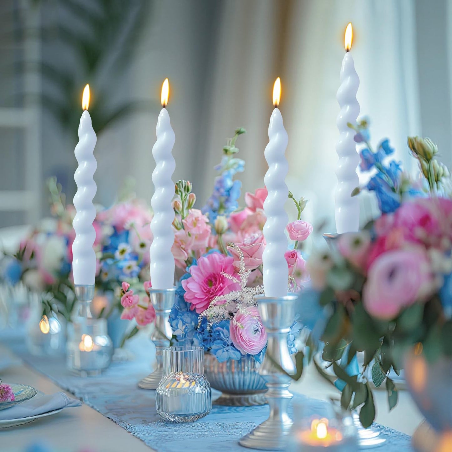 4 Pack 7 Inch Baby-Blue Spiral Taper Candles, Unscented Dripless Fat Twisted Candlesticks for Home Décor Party Wedding Baby Shower and Celebrations