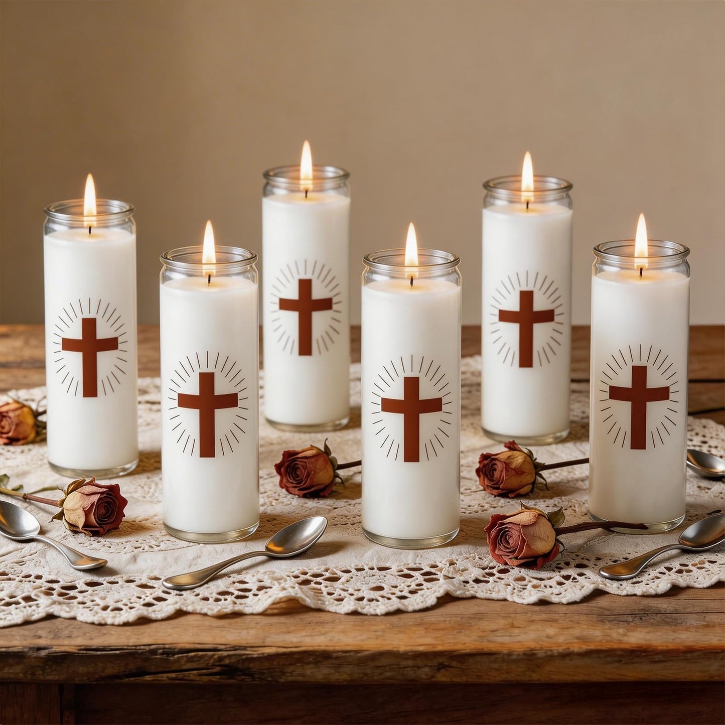 Trxvxo 6 Pack White Prayer Candles, Devotional Candles in Safe Blown Glass Jars with Cross, Long‑Burning Smokeless Catholic Candles for Vigil, Church & Memorials