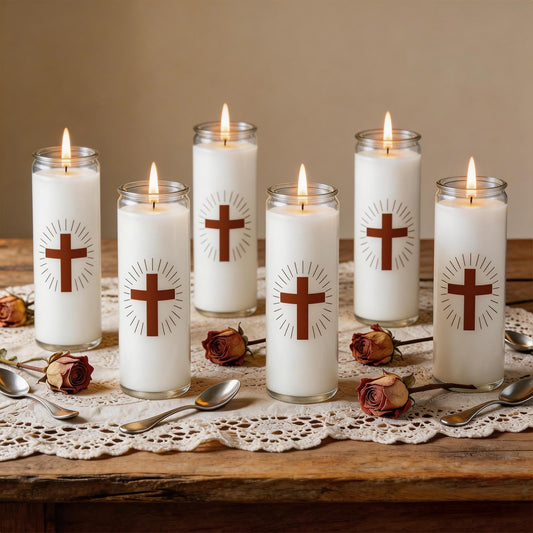 Trxvxo 6 Pack White Prayer Candles, Devotional Candles in Safe Blown Glass Jars with Cross, Long‑Burning Smokeless Catholic Candles for Vigil, Church & Memorials