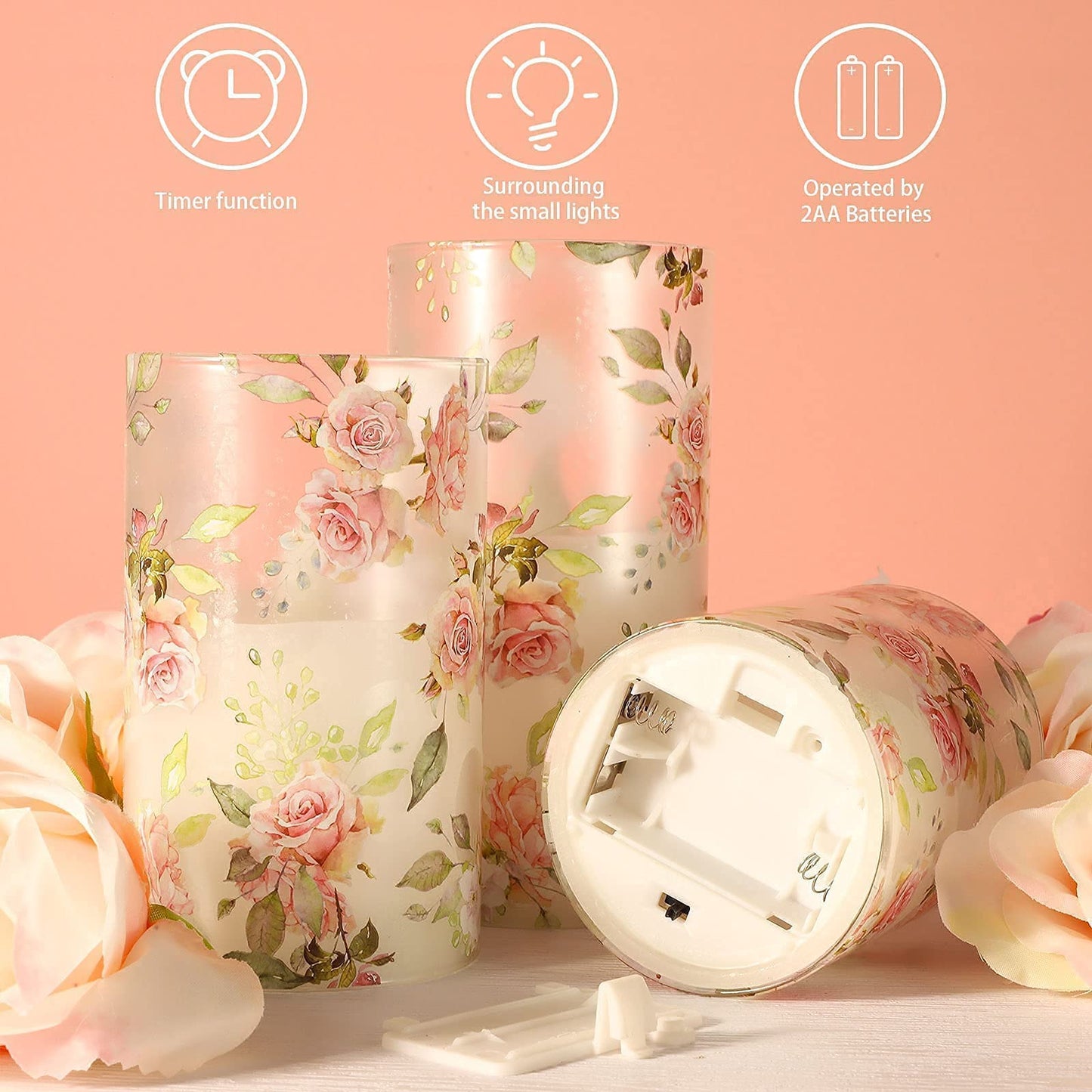 MELTONE Rose Flameless Candles Love Theme Glass Pink LED Candles with Remote - Home Wedding Bedroom Room Christmas Valentine's Day Decor - Set of 3